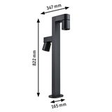 Black aluminum outdoor light with two adjustable spotlights measuring 822x347x165 mm
