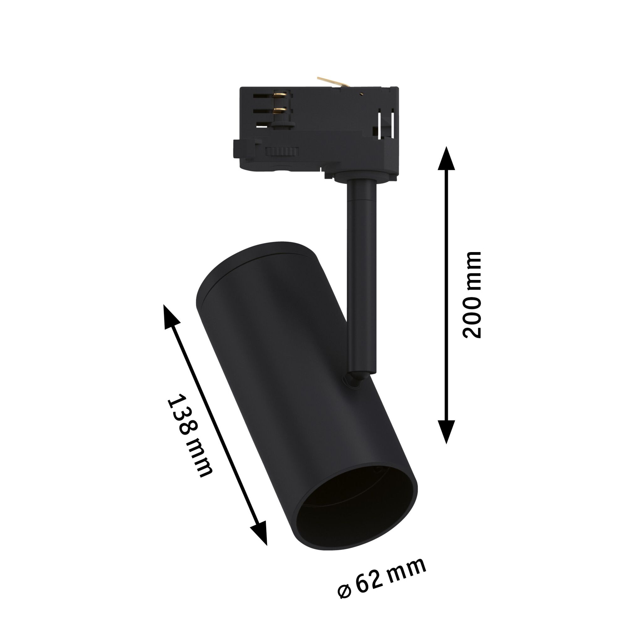 Schwarzer LED-Spot aus Metall mit 200 mm Höhe und 62 mm Durchmesser für moderne Innenbeleuchtung