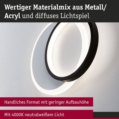 Moderne Wandlampe aus Metall und Acryl in Schwarz mit 4000K neutralweißem Licht und diffusem Lichtspiel