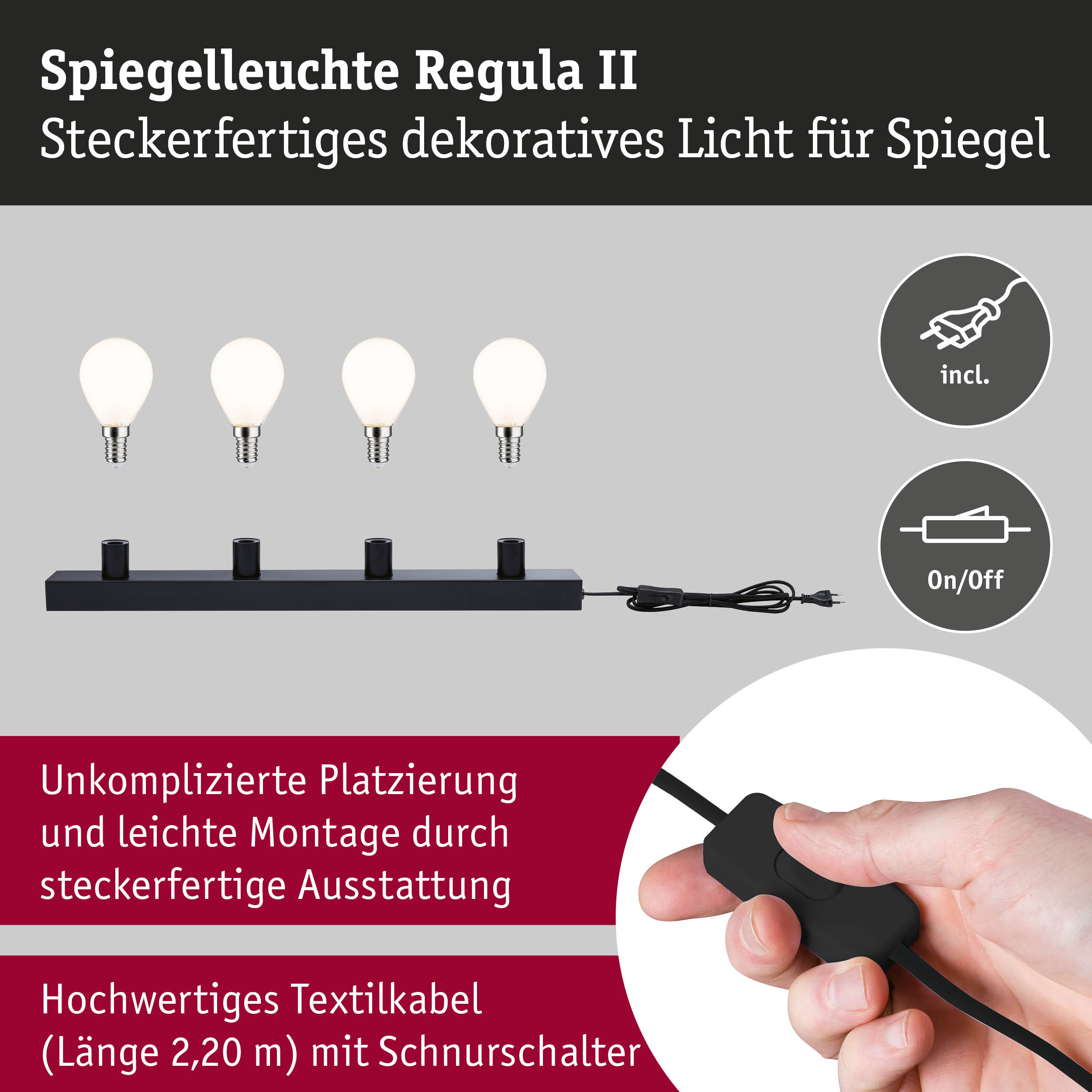Set Spiegelleuchte Regula II inkl. Leuchtmittel 4-flammig E14 2700K 4x470lm 230V 4x4,5W dimmbar Schwarz/Opal