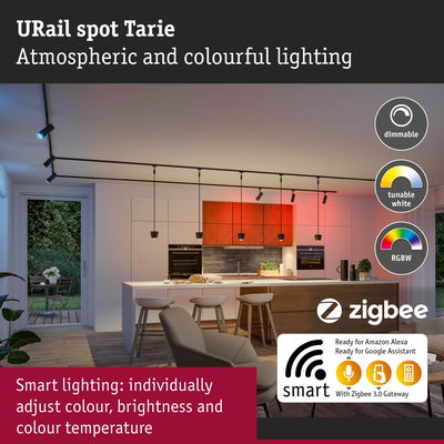 Modern kitchen with URail Spot Tarie black LED track lighting, dimmable and colour adjustable smart light