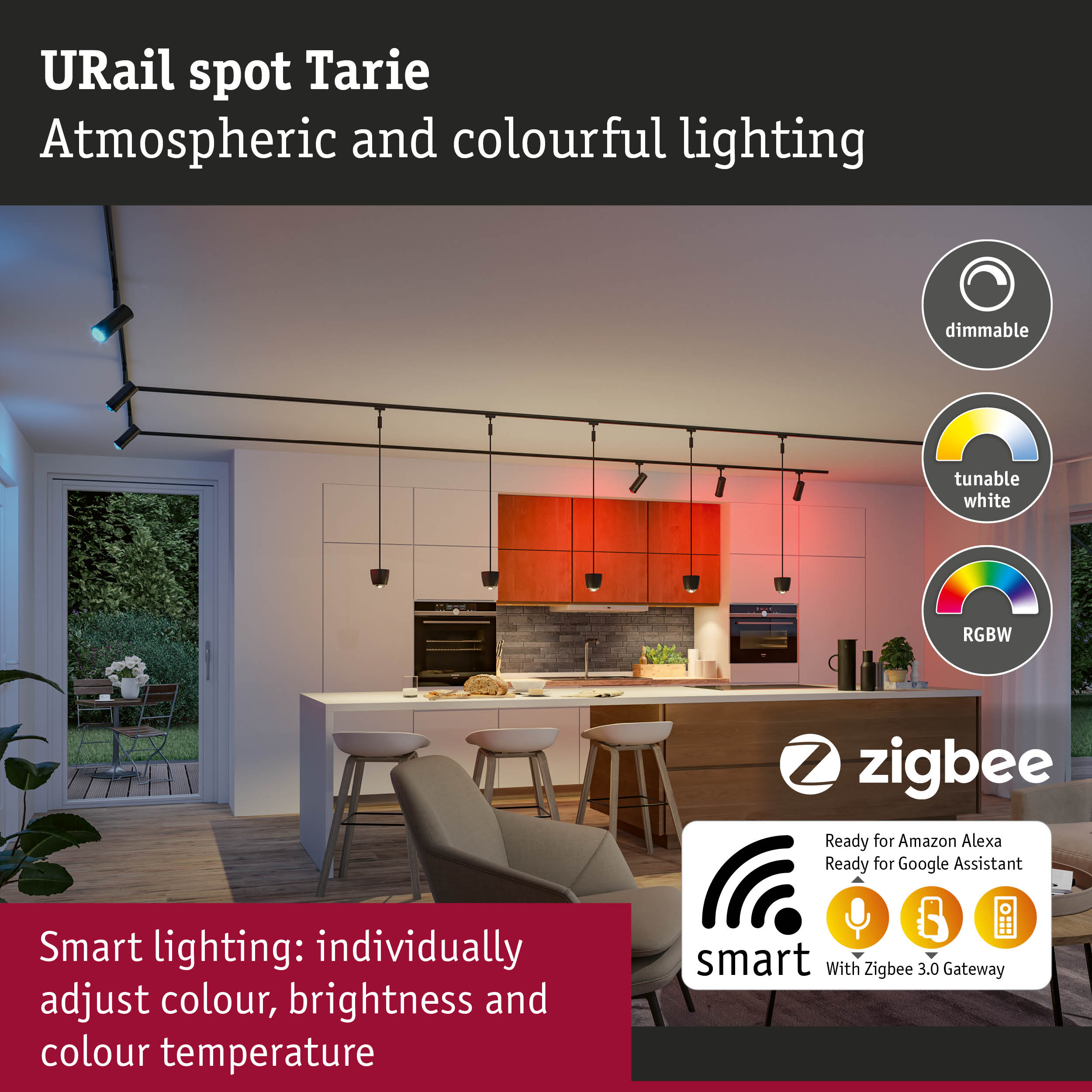 URail Spot Tarie black track light with dimmable, tunable RGBW lighting for smart home control
