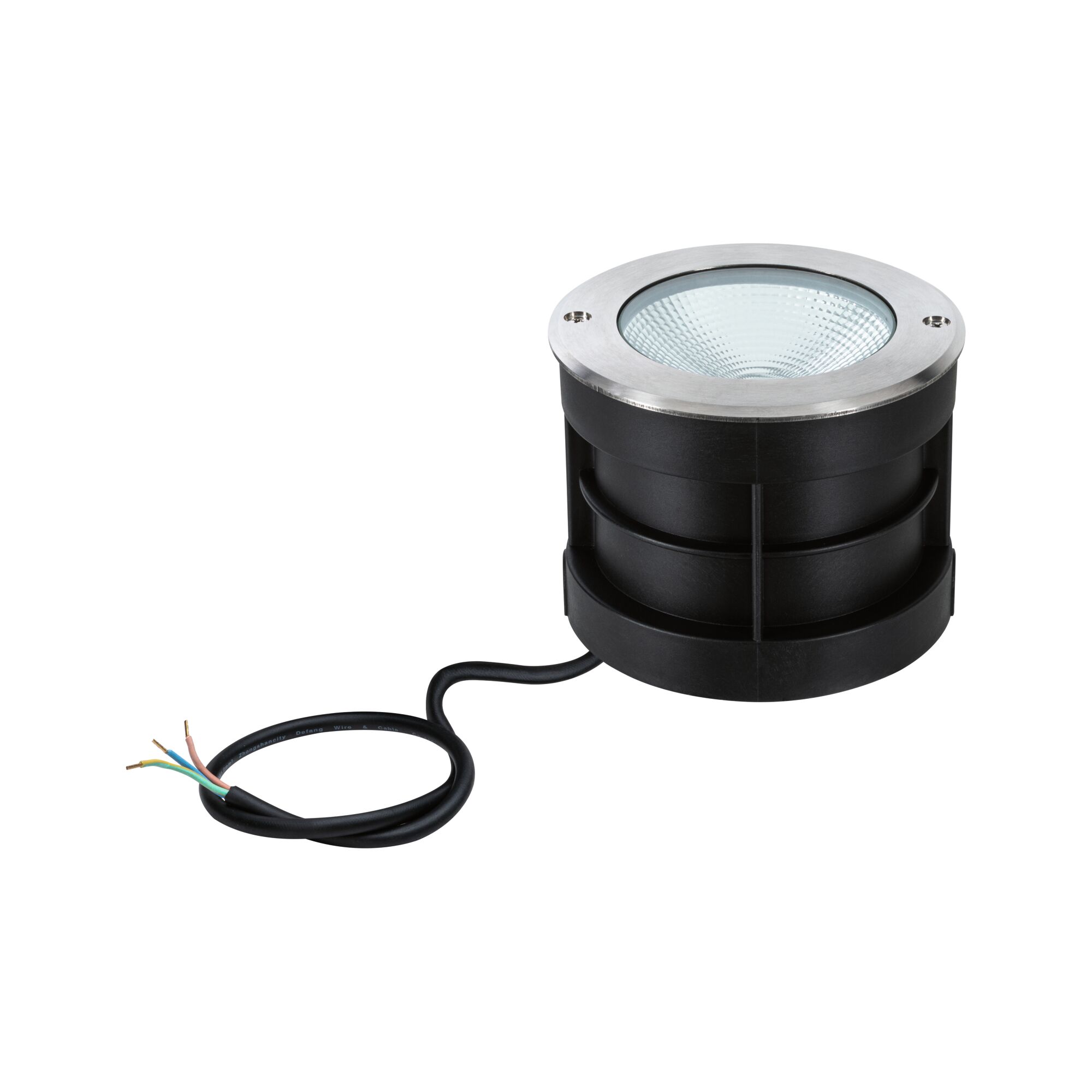 Round recessed LED spotlight in black plastic with stainless steel ring and cable for outdoor lighting