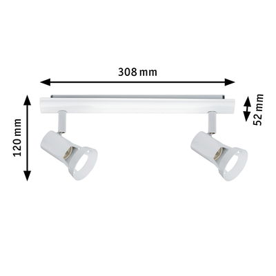 Spot LED de plafond blanc en métal avec deux lampes réglables, dimensions 308x120x52 mm