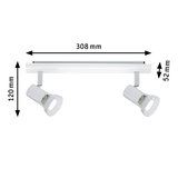 White metal LED ceiling spotlight with two adjustable lamps, dimensions 308x120x52 mm