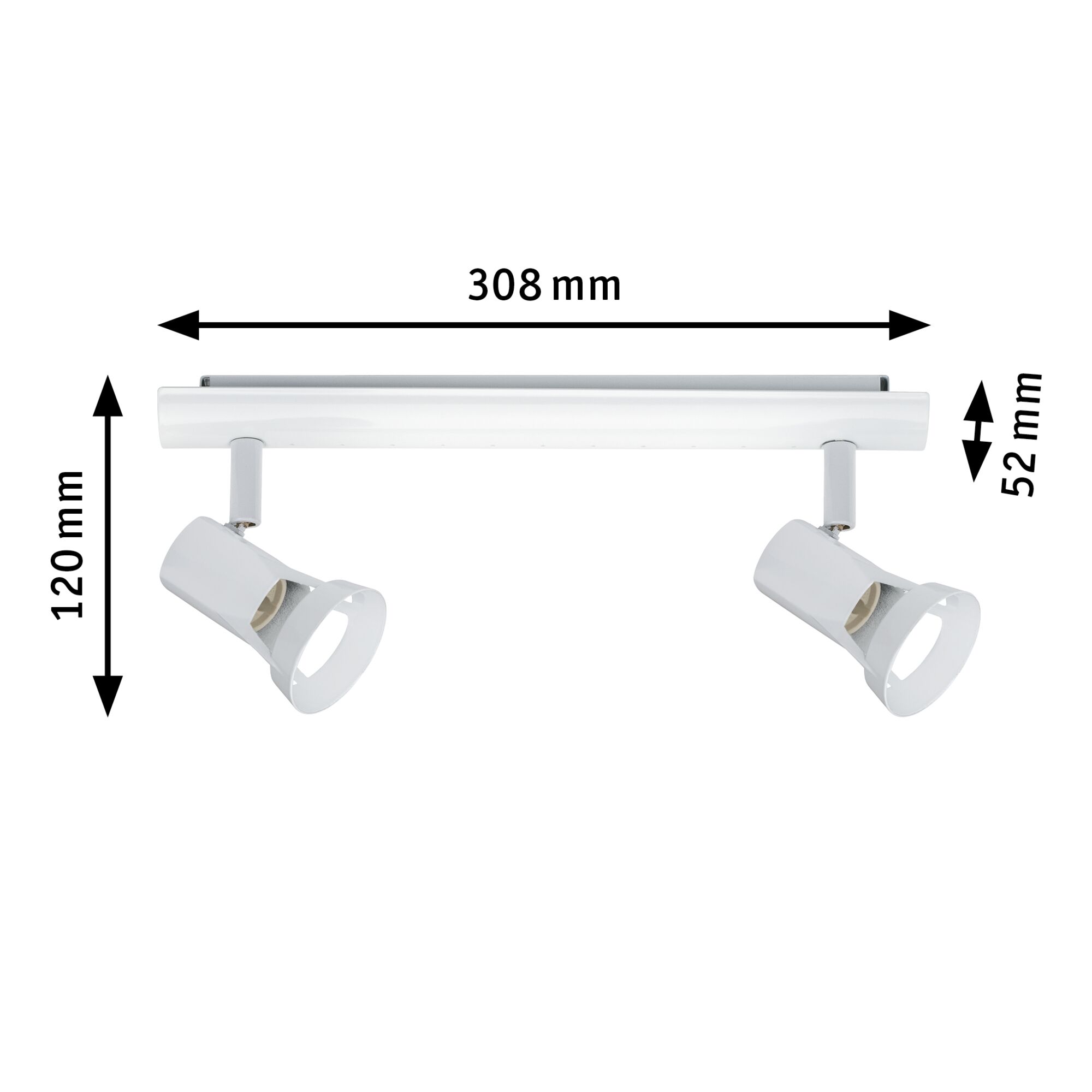Spot LED de plafond blanc en métal avec deux lampes réglables, dimensions 308x120x52 mm