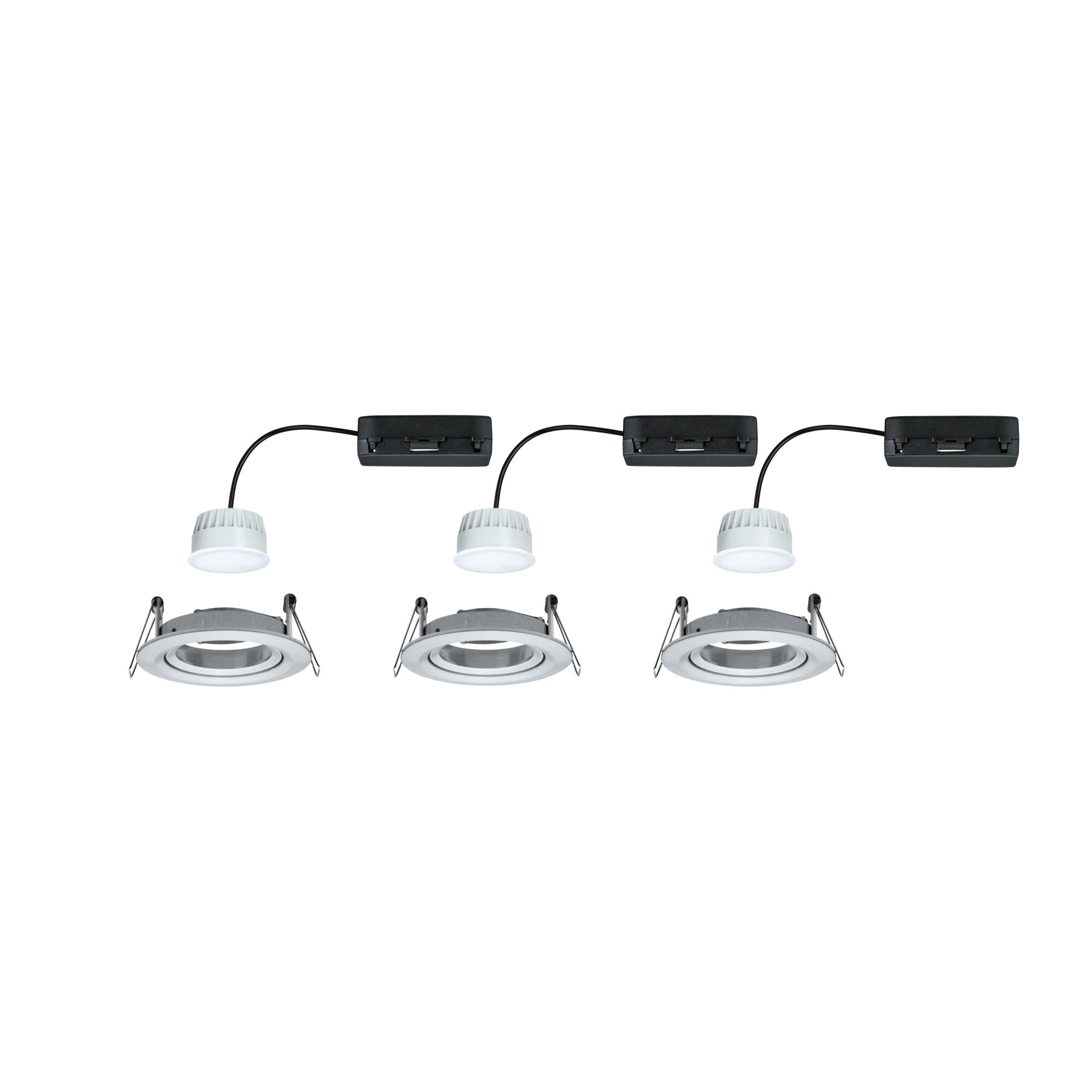 Drie witte LED-inbouwspots met zilverkleurige aluminiumrand en zwarte kabel voor moderne verlichting