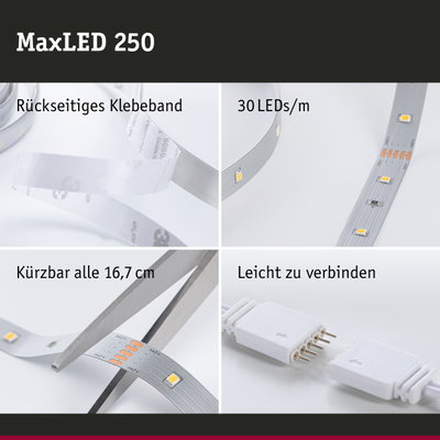 MaxLED 250 LED-Lichtband mit rückseitigem Klebeband, 30 LEDs/m, kürzbar alle 16,7 cm, leicht verbindbar