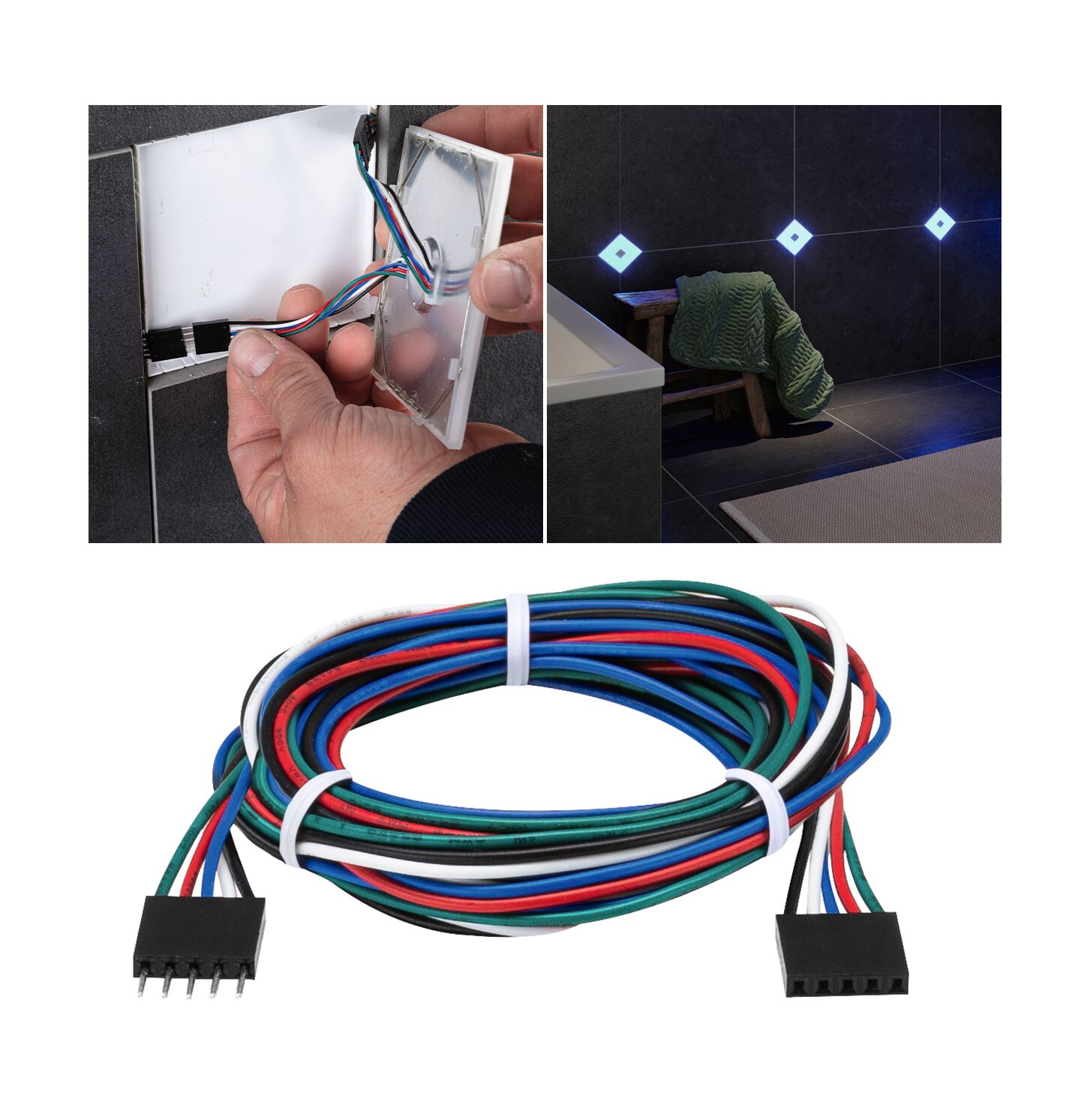 Multicoloured connector cable with plug for LED recessed lights in bathroom wall with blue lighting effect