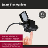 Schwarzer Smart Plug Outdoor mit IP44 Schutz und direktem Schalter an der Steckdose für Gartenbeleuchtung