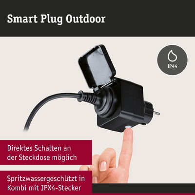 Schwarzer Smart Plug Outdoor mit IP44 Schutz und direktem Schalter an der Steckdose für Gartenbeleuchtung