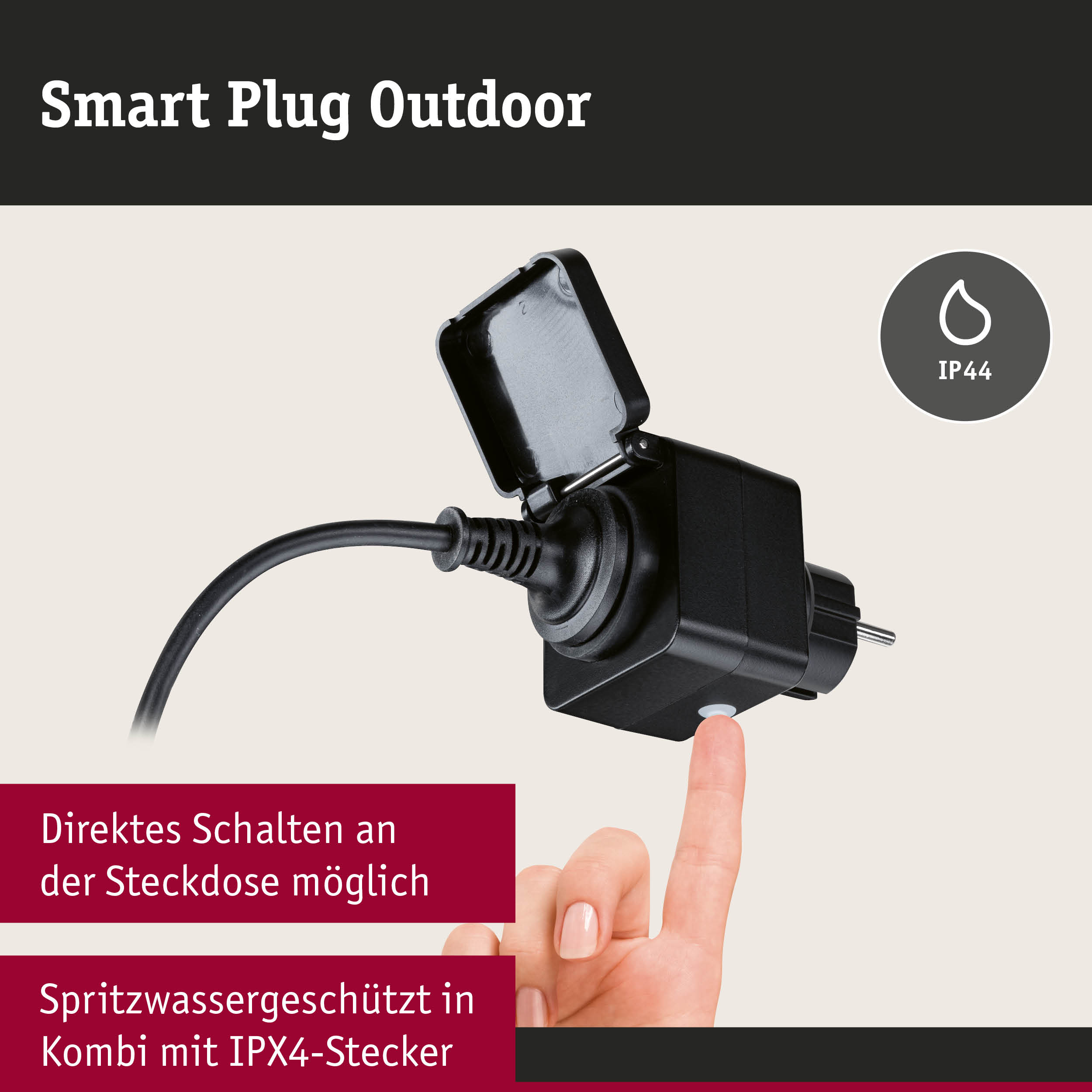 Schwarzer Smart Plug Outdoor mit IP44-Schutz und Spritzwasserschutz, direkt an der Steckdose schaltbar