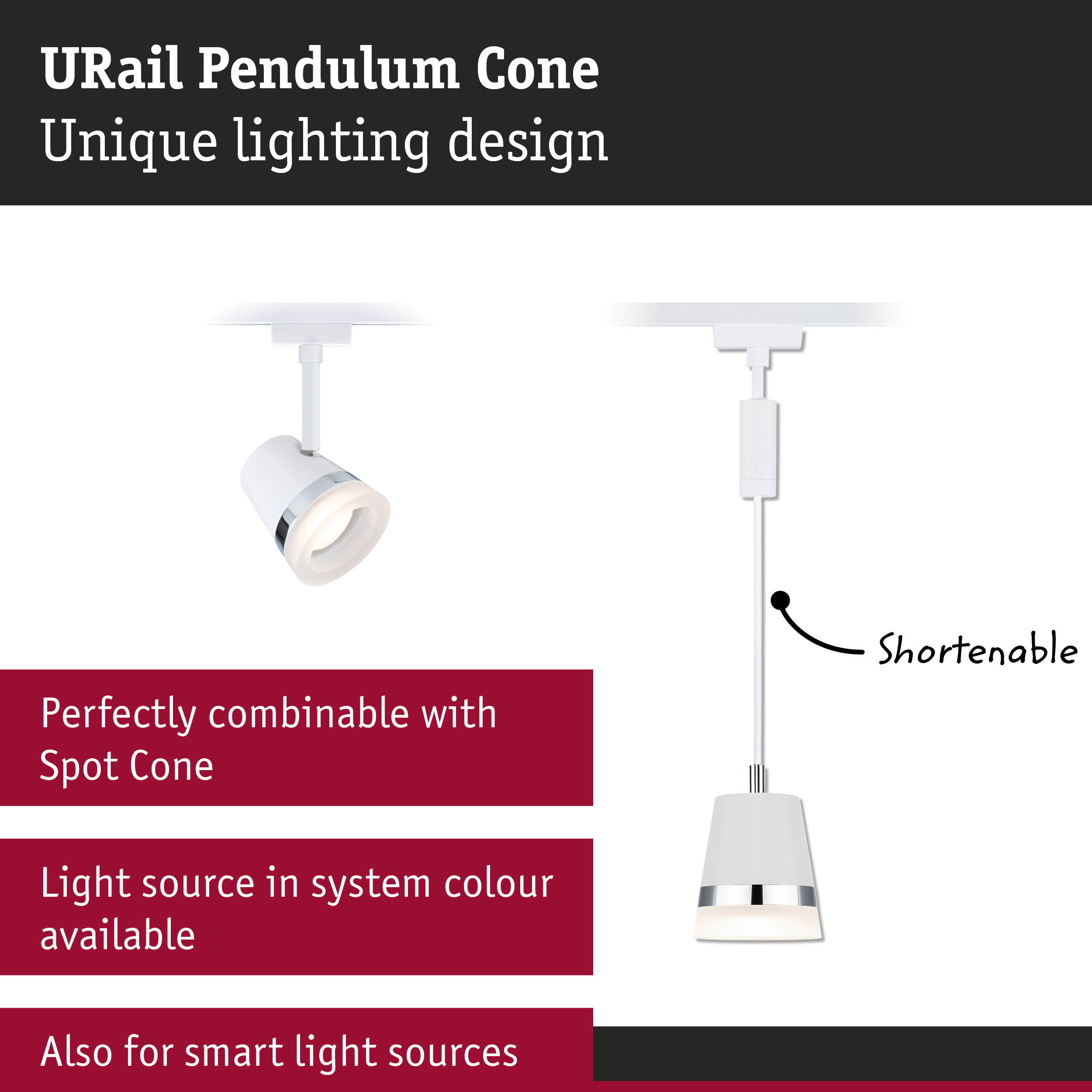 White URail Pendulum Cone light head with shorten cable for adjustable lighting systems