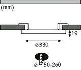 Technical drawing of round LED recessed spotlight with 330 mm diameter and 19 mm height