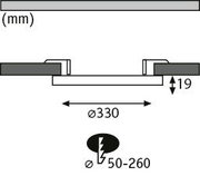 Technische Zeichnung eines flachen LED-Einbaustrahler mit 330 mm Durchmesser und 19 mm Höhe