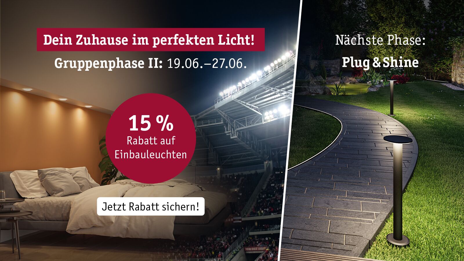 Werbung für 15% Rabatt auf Einbauleuchten mit Schlafzimmerbeleuchtung und Außenwegbeleuchtung bei Nacht