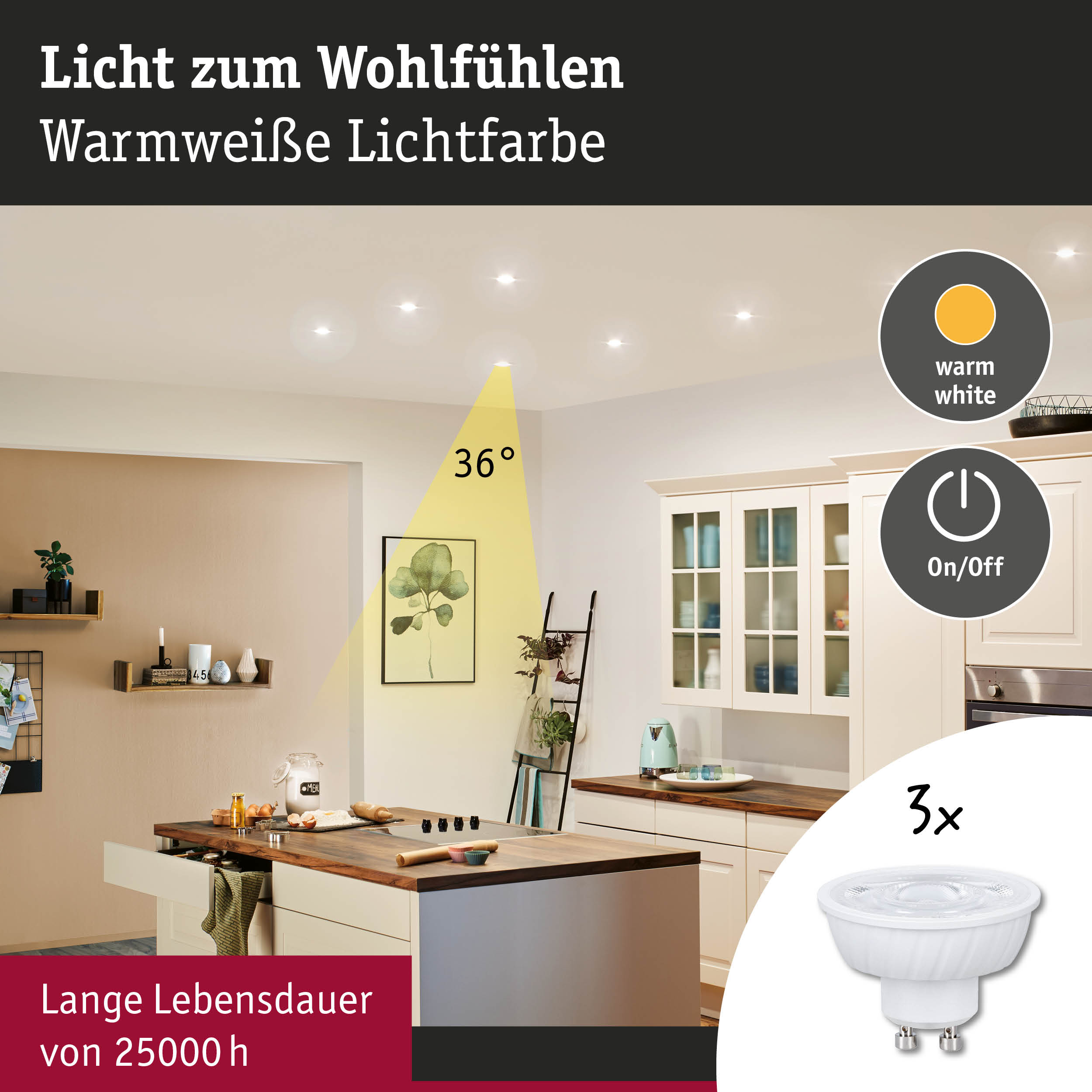 Warmweiße LED-Einbaustrahler mit 36° Abstrahlwinkel und langer Lebensdauer von 25000 Stunden