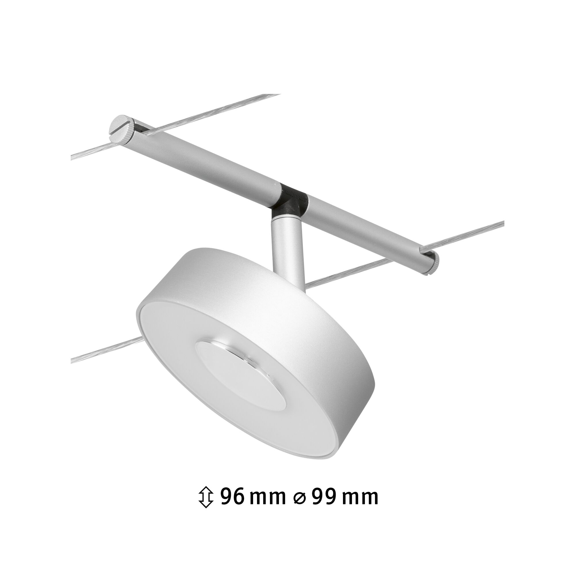 Silver metal LED cable spotlight with 96 mm height and 99 mm diameter for modern lighting setups