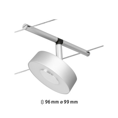 Silver metal LED cable spotlight with 96 mm height and 99 mm diameter for modern lighting setups