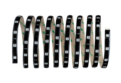 Sort LED-strip med hvide LED-lys og selvklæbende bagside til fleksibel belysning.