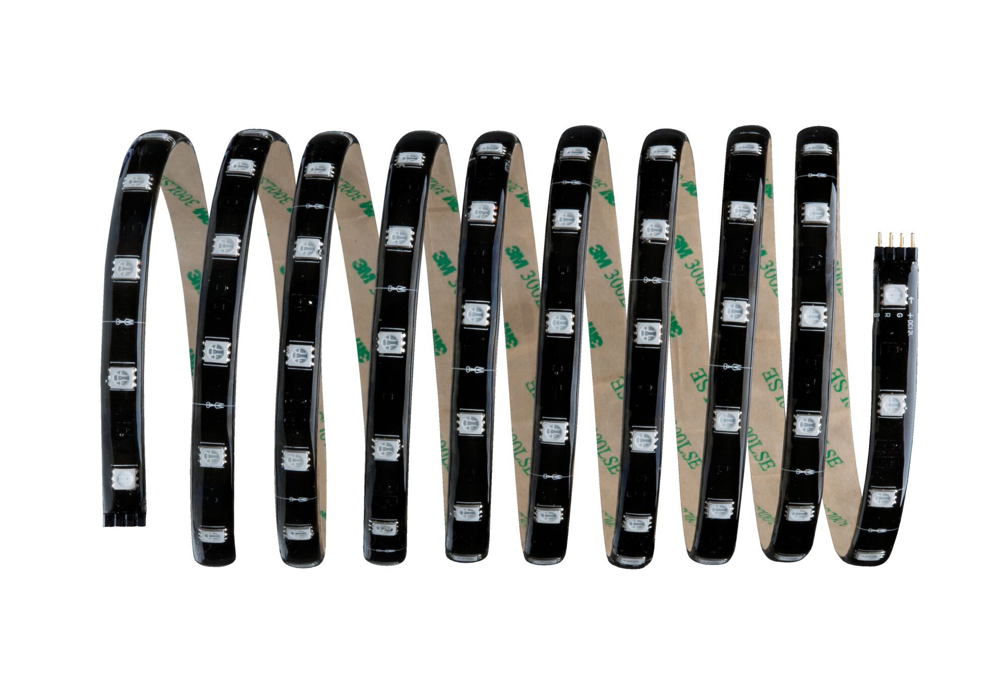 Black LED strip with white LEDs and adhesive backing for versatile lighting applications and decoration.