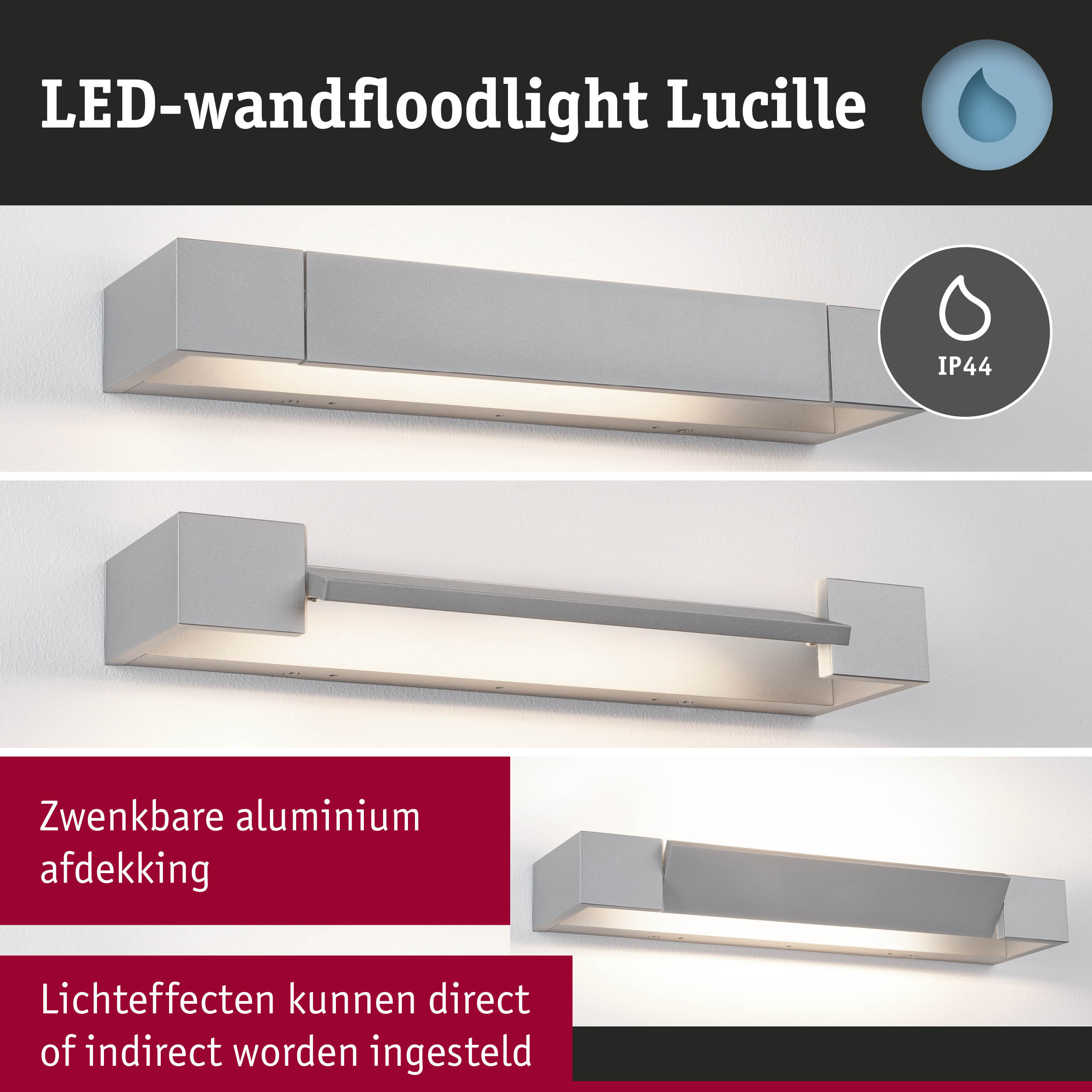 Grijze aluminium LED-wandfloodlight Lucille met IP44 bescherming voor badkamerverlichting