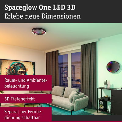 Spaceglow One LED 3D Decken- und Wandlampe mit 3D-Tiefeneffekt in modernem Wohnzimmer mit Sofa
