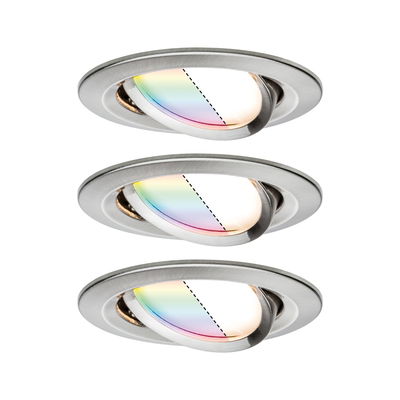 Three round recessed spotlights in brushed stainless steel with color-changing LED light for living spaces