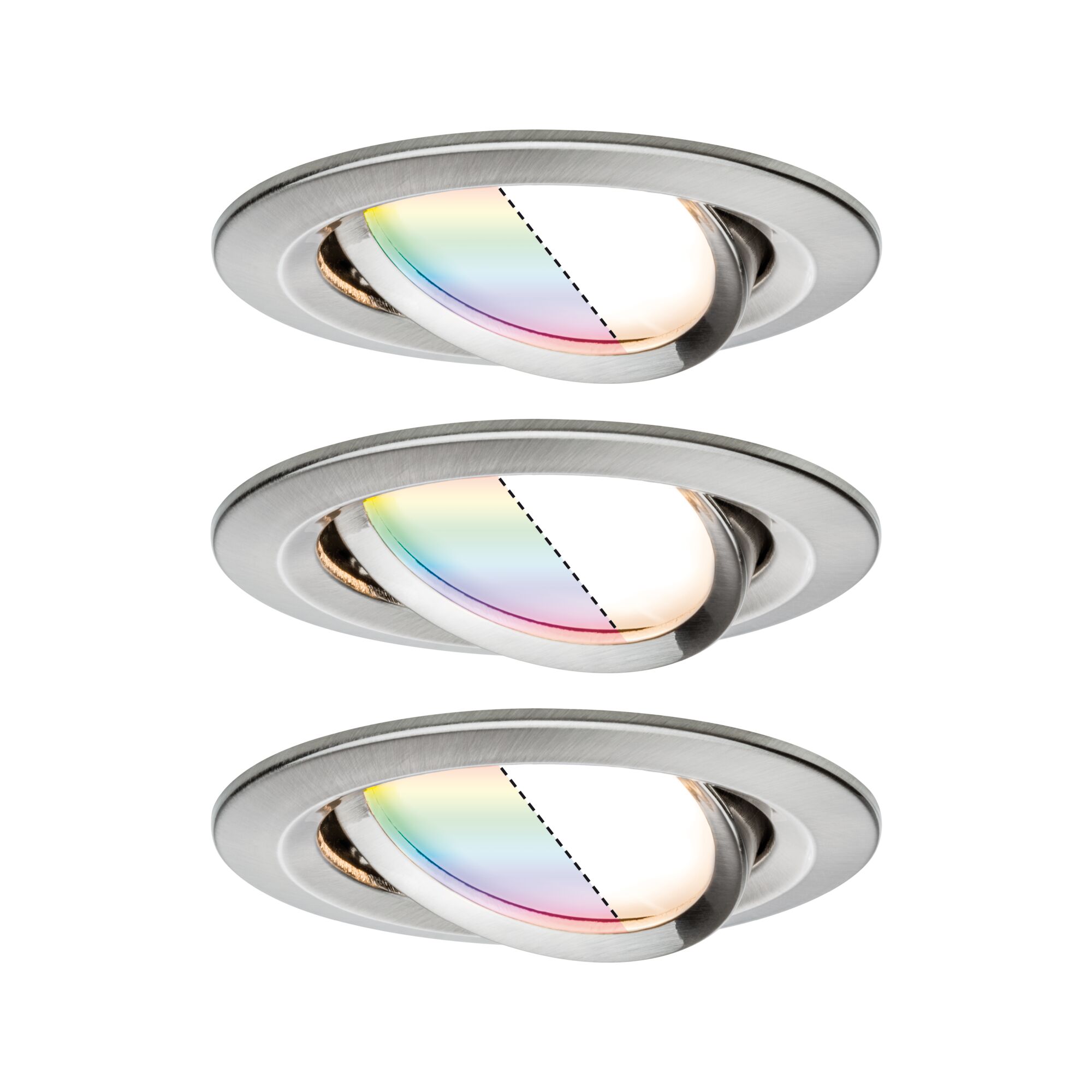 Trois spots encastrés ronds en acier inoxydable brossé avec lumière LED changeant de couleur pour intérieur