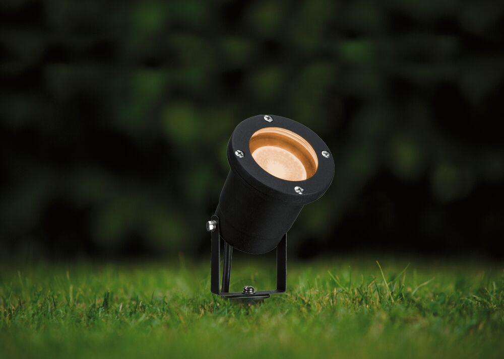 Black metal LED garden spotlight with warm white light, perfect for outdoor garden lighting.