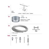 Schéma technique avec 5 spots LED blancs, transformateur et câble en acier de 10 m pour système LED.