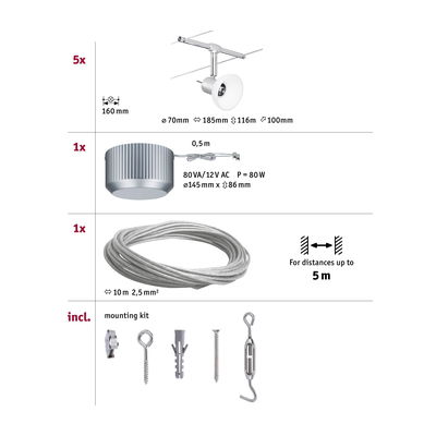 Schéma technique avec 5 spots LED blancs, transformateur et câble en acier de 10 m pour système LED.
