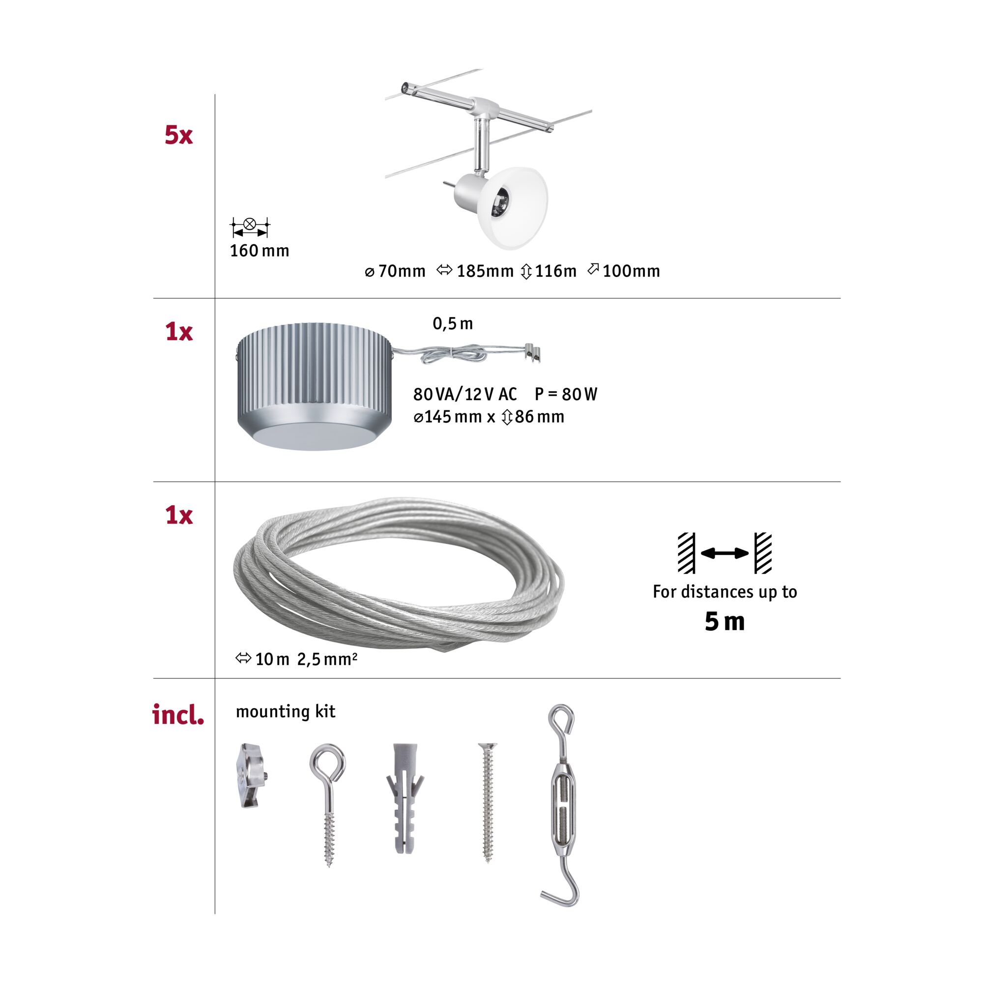 Technical drawing showing 5 white LED spotlights, transformer, and 10 m steel cable for LED cable system.
