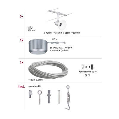 Schéma technique avec 5 spots LED blancs, transformateur et câble en acier de 10 m pour système LED.