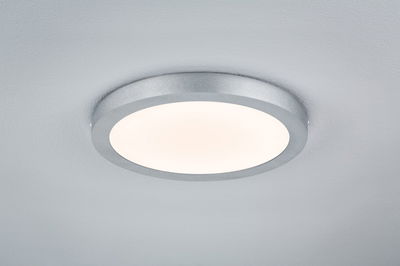 Plafonnier LED rond avec cadre en aluminium argenté et lumière blanc chaud pour intérieurs modernes