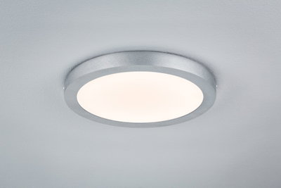 Round LED ceiling light with silver aluminum frame and warm white light for modern interiors