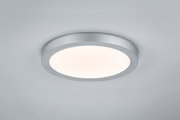 Round LED ceiling light with silver aluminum frame and warm white light for modern interiors