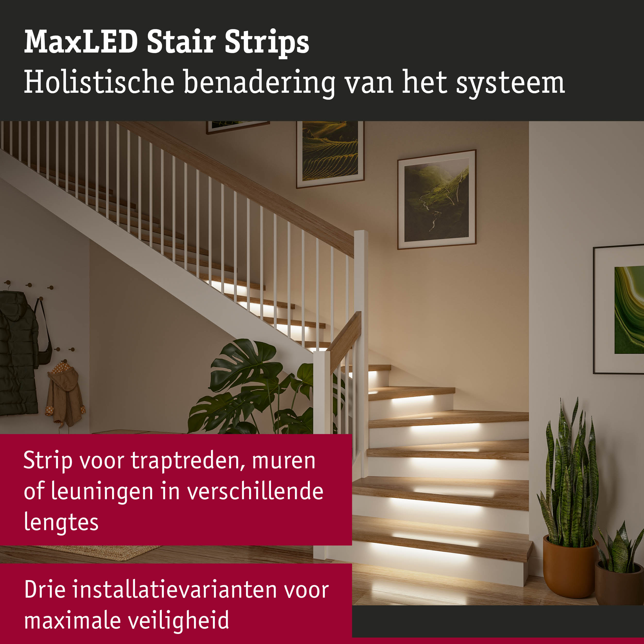 Moderne MaxLED Stair Strips in hout en wit voor veilige LED-trapverlichting in huisinterieurs