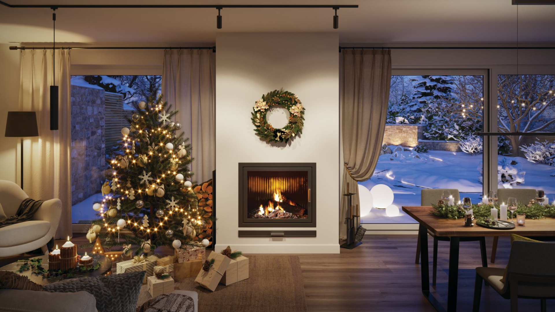 URail im Wohnzimmer zur Adventszeit Gemütliches Wohnzimmer mit beleuchtetem Weihnachtsbaum, Kaminfeuer und winterlicher Schneelandschaft draußen