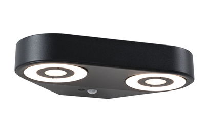 Plafonnier LED noir avec deux panneaux lumineux ronds et détecteur de mouvement pour intérieur