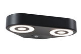 Schwarze LED-Deckenleuchte mit zwei runden Leuchtflächen und Bewegungssensor für Innenräume