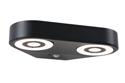 Schwarze LED-Deckenleuchte mit zwei runden Leuchtflächen und Bewegungssensor für Innenräume