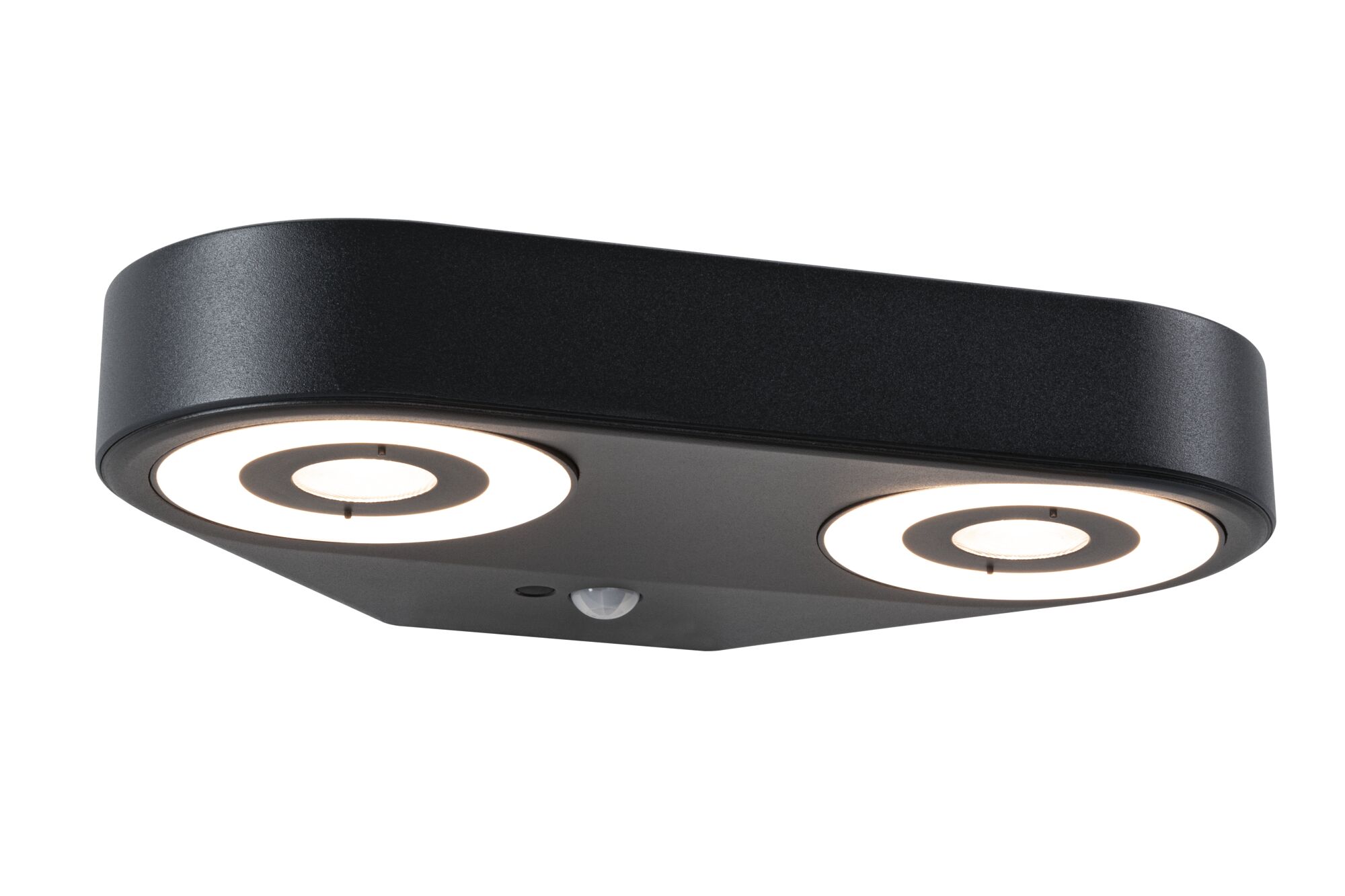Schwarze LED-Deckenleuchte mit zwei runden Leuchtflächen und Bewegungssensor für Innenräume