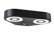 Schwarze LED-Deckenleuchte mit zwei runden Leuchtflächen und Bewegungssensor für Innenräume