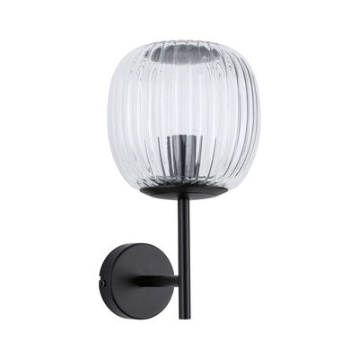 Wall lamp with ribbed clear glass and matte black metal holder for modern interior lighting