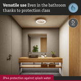 Modern bathroom with IP44 ceiling light, wooden vanity and grey walls, splash water protected lighting