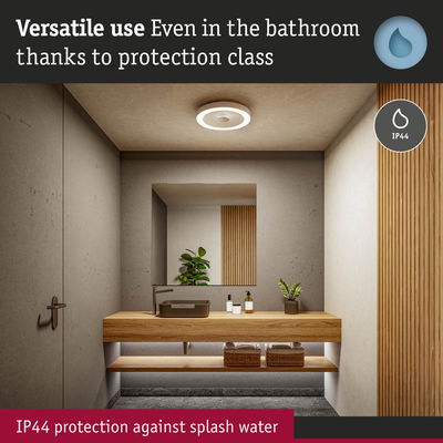 Modern bathroom with IP44 ceiling light, wooden vanity and grey walls, splash water protected lighting