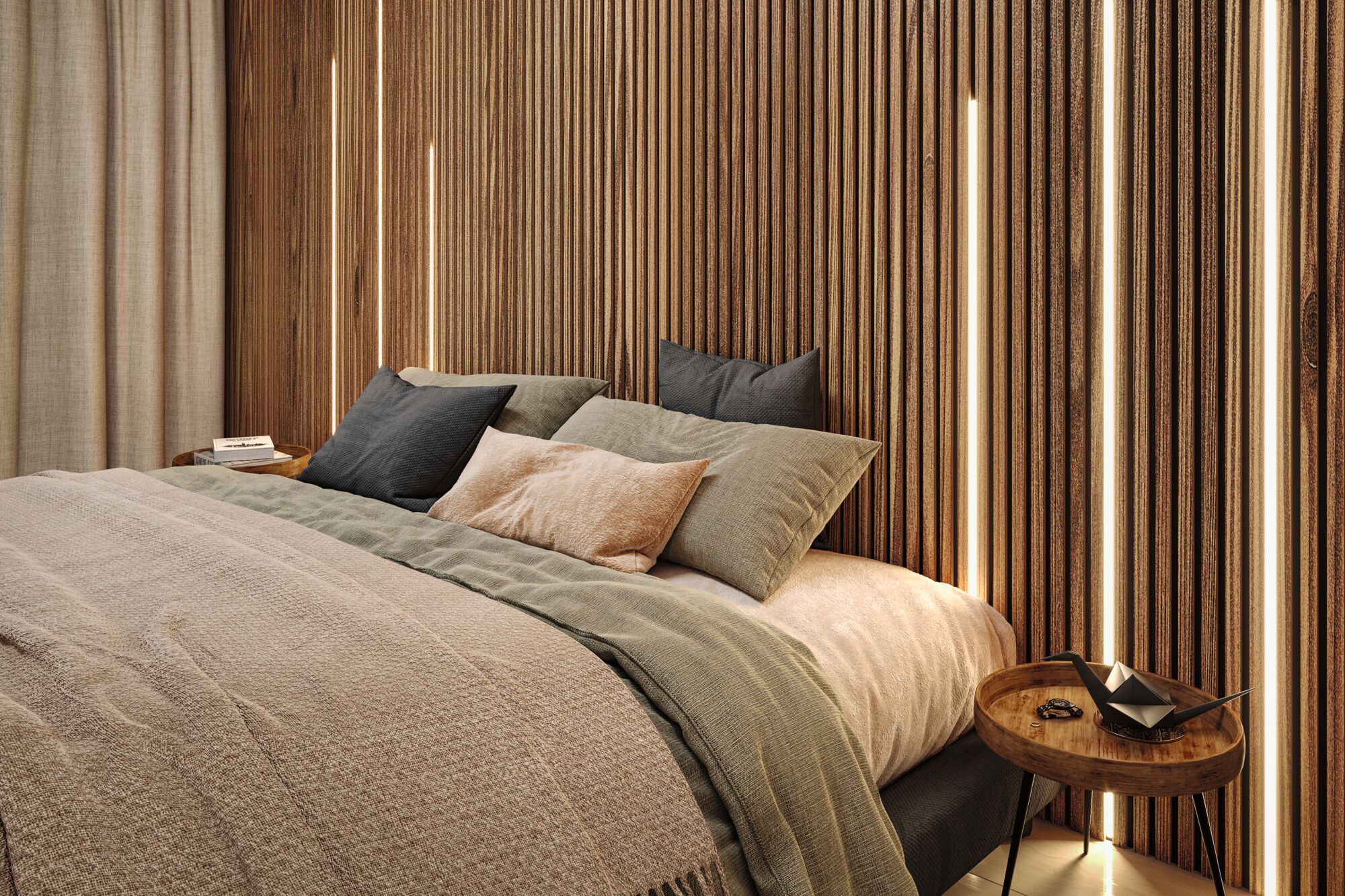 Modernes Schlafzimmer mit Holzlamellenwand und warmem LED-Licht, gemütliches Bett mit Kissen und Decken