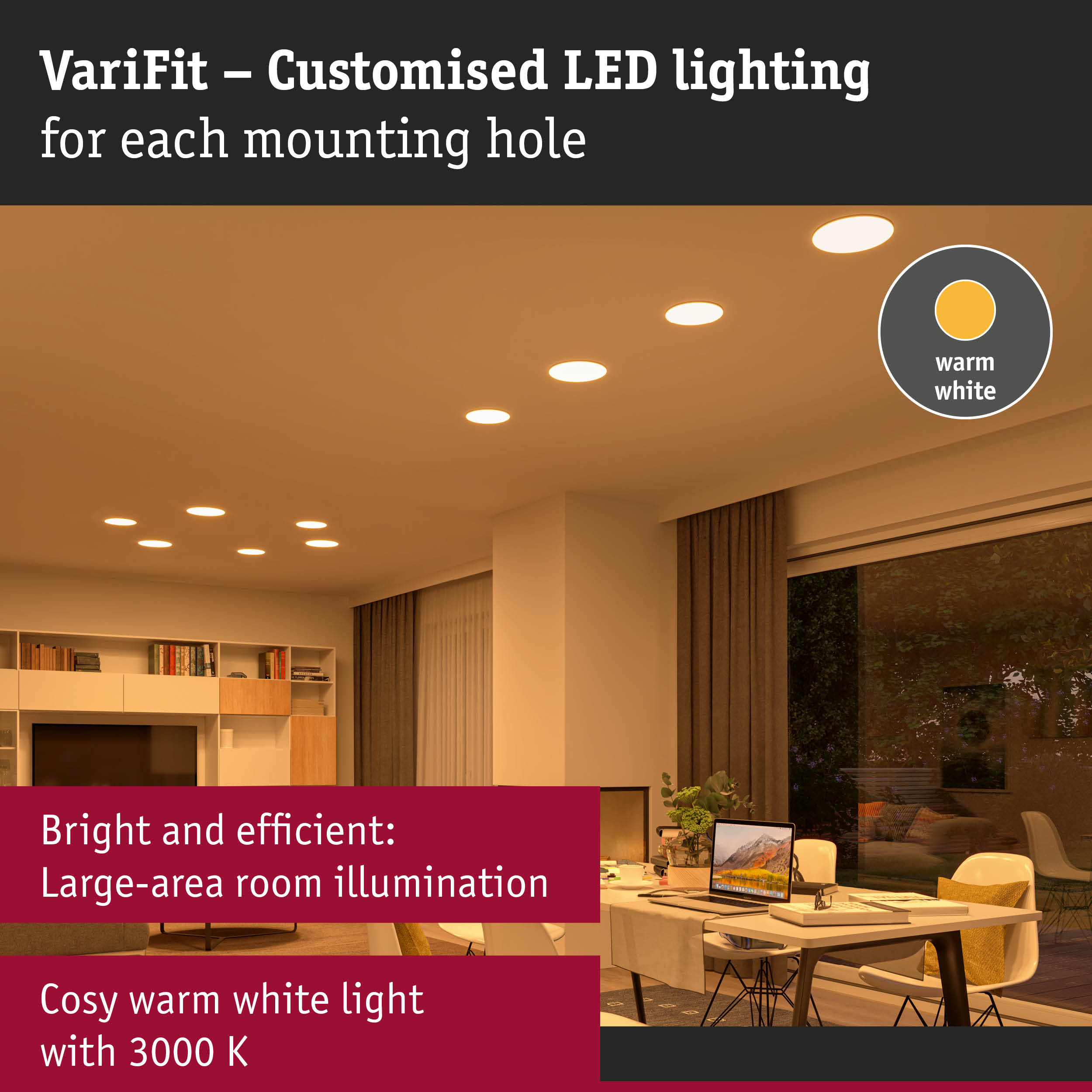 VariFit recessed LED lights with warm white light for customizable ceiling installation in living rooms