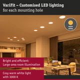 VariFit recessed LED lights with warm white light for customizable ceiling installation in living rooms